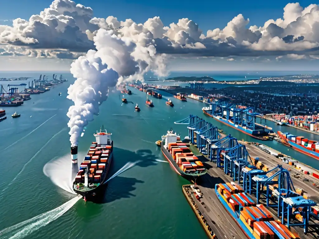 Vista aérea de una bulliciosa ciudad portuaria con normativas de emisiones marítimas impacto ambiental, barcos de carga y un cielo azul