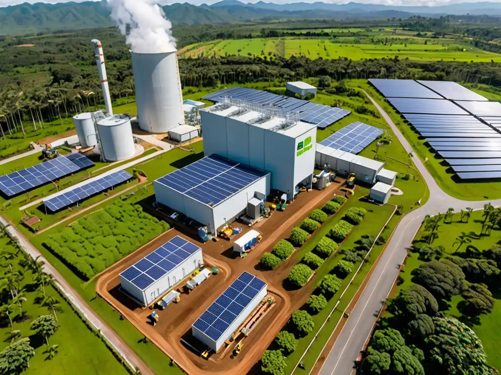 Vista aérea de una bulliciosa planta de bioenergía en América Latina, con trabajadores supervisando el proceso de producción