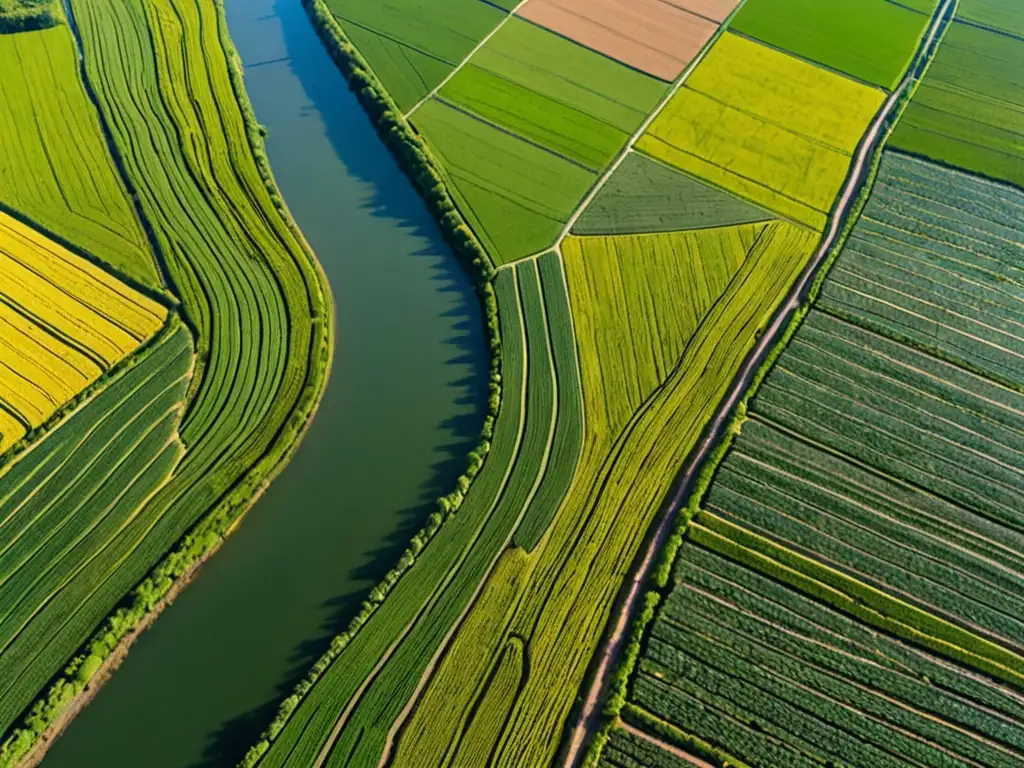 Vista aérea de campos agrícolas divididos por ríos sinuosos, con cultivos de diferentes colores y bosques verdes