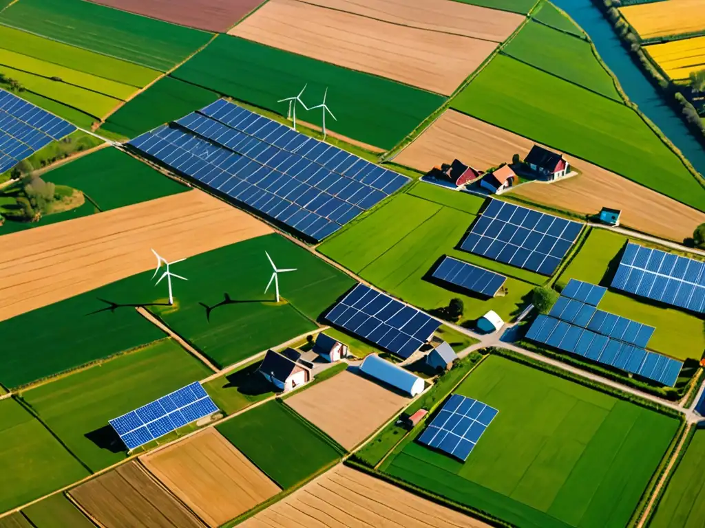 Vista aérea de campos verdes salpicados de turbinas eólicas y paneles solares