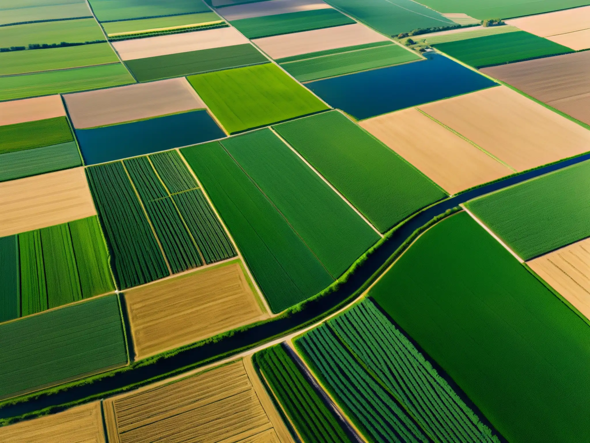 Vista aérea de campos verdes y canales de riego, destaca la agricultura tradicional y la gestión moderna del agua