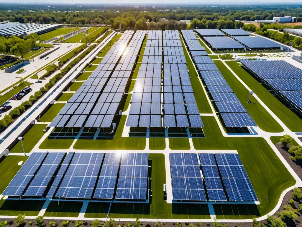 Vista aérea de un campus corporativo con paneles solares en los techos, reflejando innovación y responsabilidad corporativa en transición energética