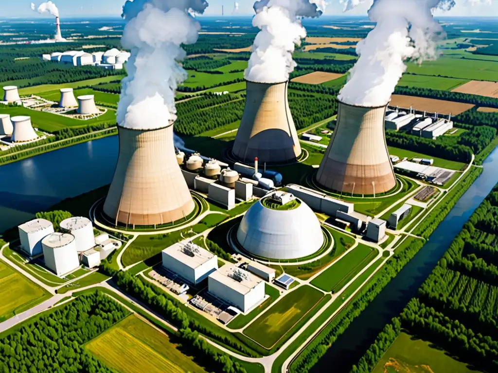 Central nuclear en paisaje natural: armonía tecnológica Vista aérea de una central nuclear entre un paisaje verde, reflejando armonía entre tecnología nuclear y salvaguarda ambiental