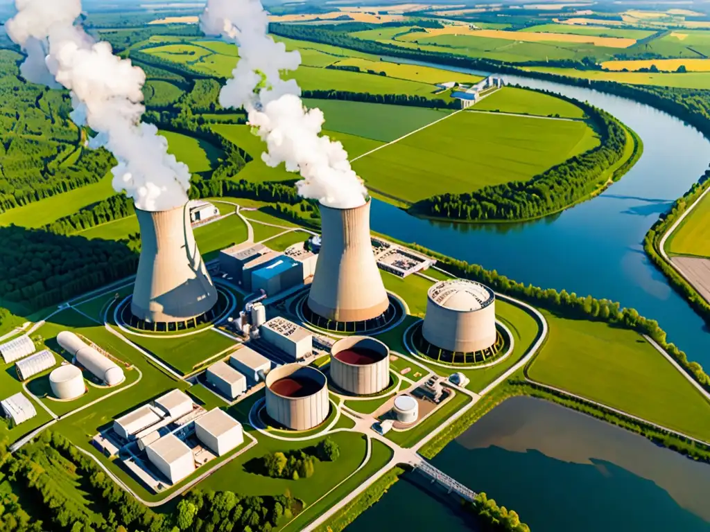 Planta nuclear en paisaje verde: innovación y armonía Vista aérea de una central nuclear en un paisaje verde, reflejando la 'Salvaguarda ambiental energía nuclear' y la armonía con la naturaleza
