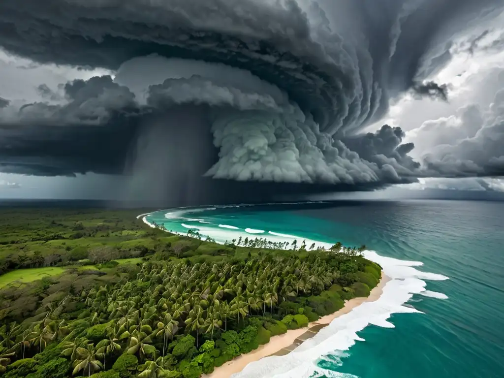 Vista aérea de ciclón tropical acercándose a isla del Pacífico, con nubes oscuras sobre el océano turquesa y vegetación exuberante en tierra