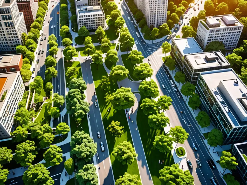 Vista aérea de una ciudad arbolada con calles y parques, mostrando la integración armoniosa de la naturaleza con la infraestructura urbana