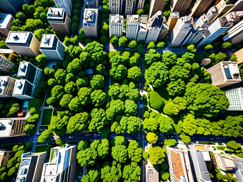 Vista aérea de una ciudad bulliciosa con espacios verdes entre edificios