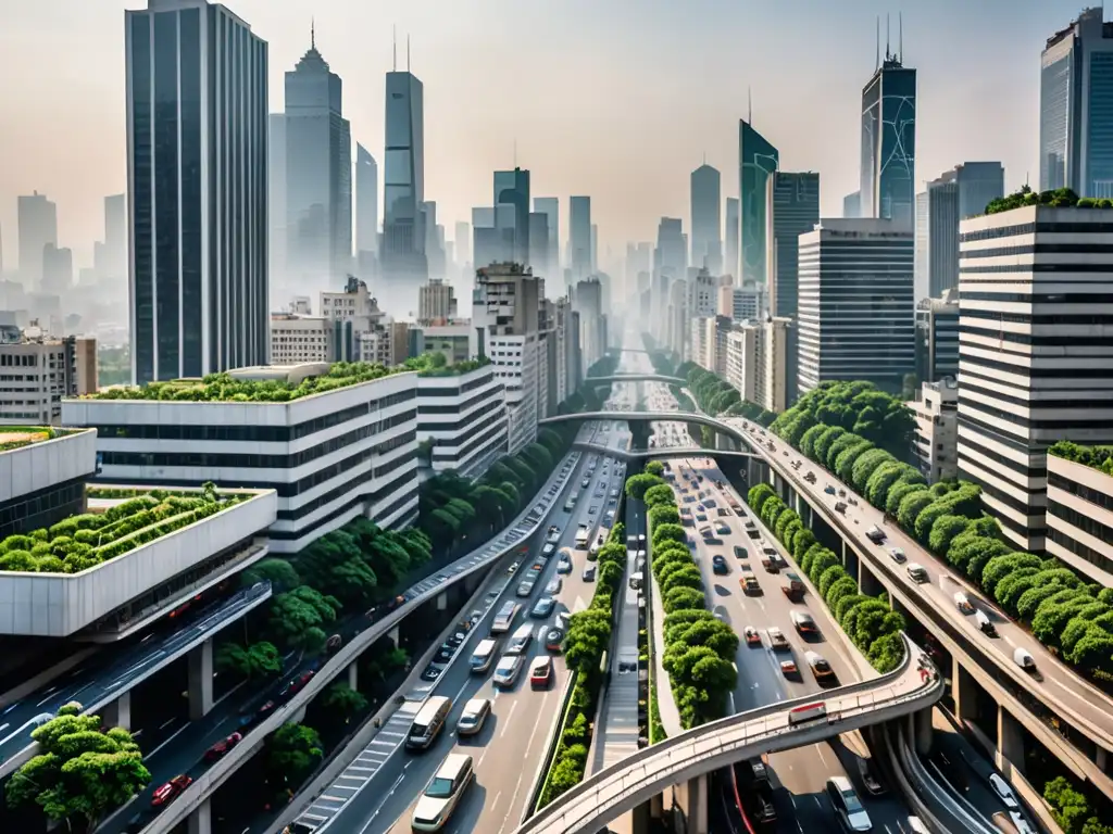 Una vista aérea de una ciudad bulliciosa rodeada de rascacielos, con una red de carreteras y autopistas entrelazadas