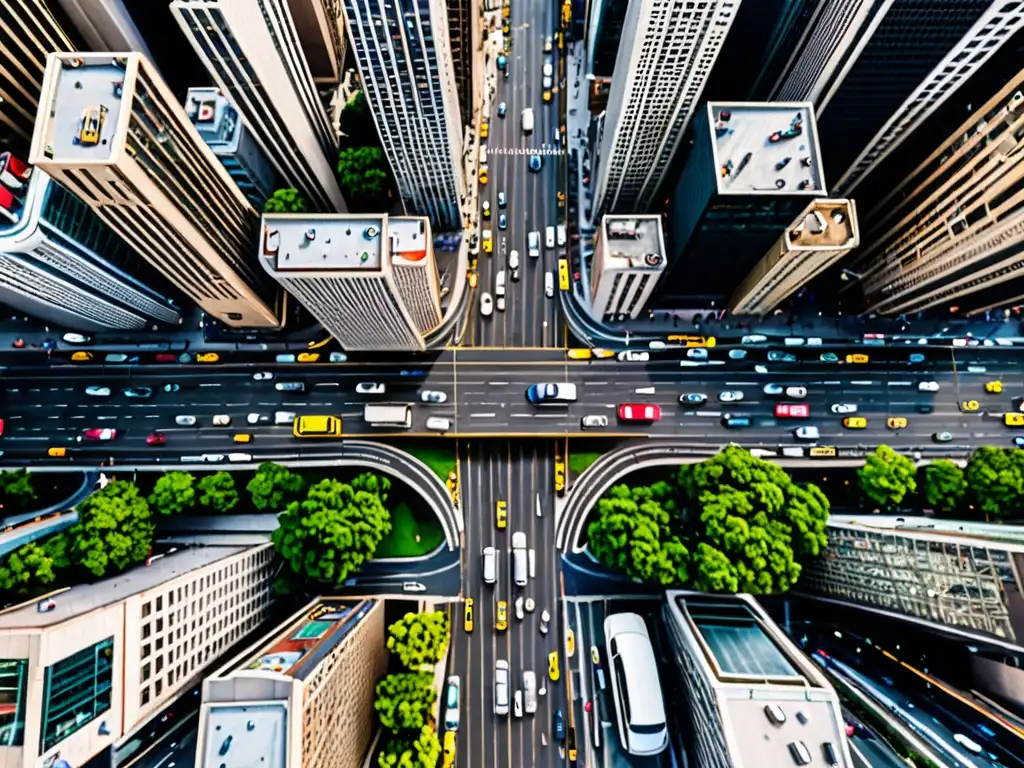 Vista aérea de una ciudad bulliciosa con edificios altos, calles concurridas y gente y autos en movimiento