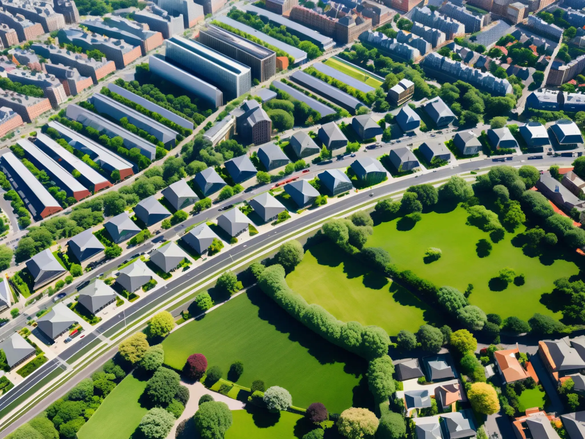 Vista aérea de una ciudad bulliciosa, con edificios, calles y espacios verdes