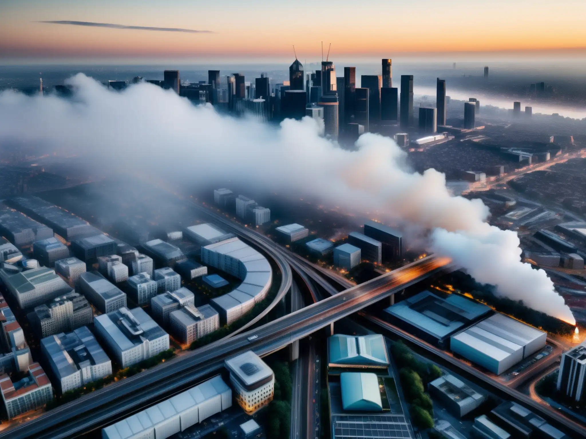 Vista aérea de una ciudad congestionada con tráfico, edificios industriales emitiendo humo y una neblina de contaminación sobre el horizonte