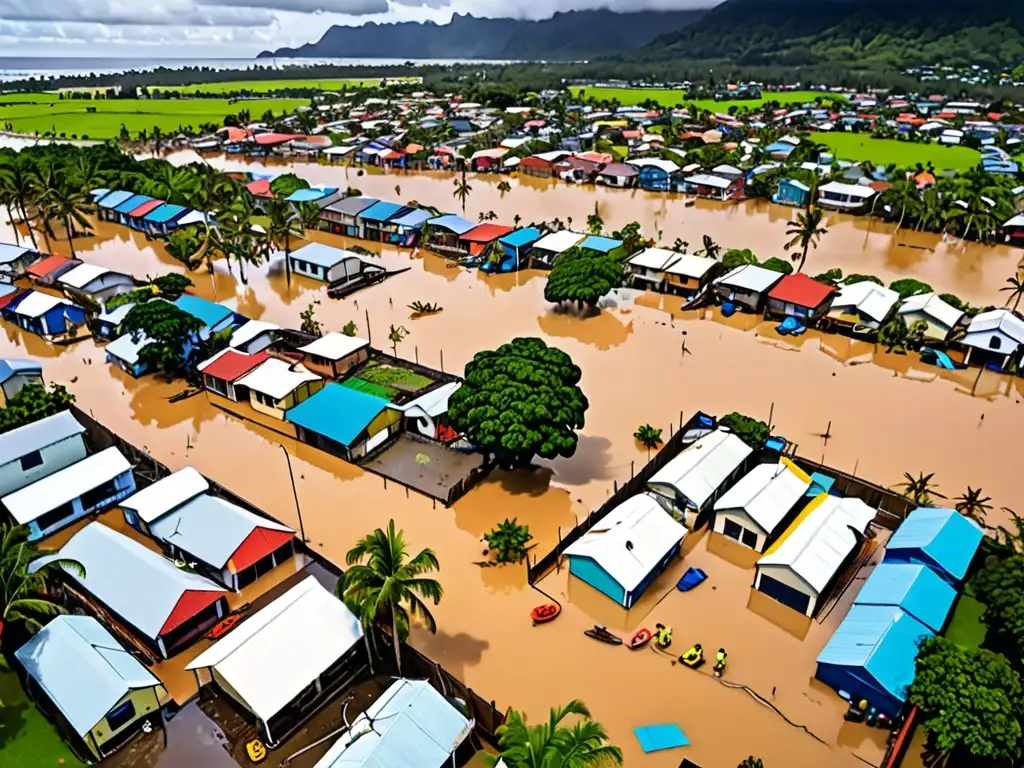 Vista aérea de ciudad costera en Oceanía con inundaciones por cambio climático