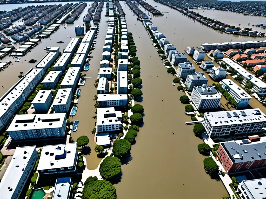 Vista aérea de una ciudad costera afectada por el aumento del nivel del mar, con calles inundadas y edificios parcialmente sumergidos