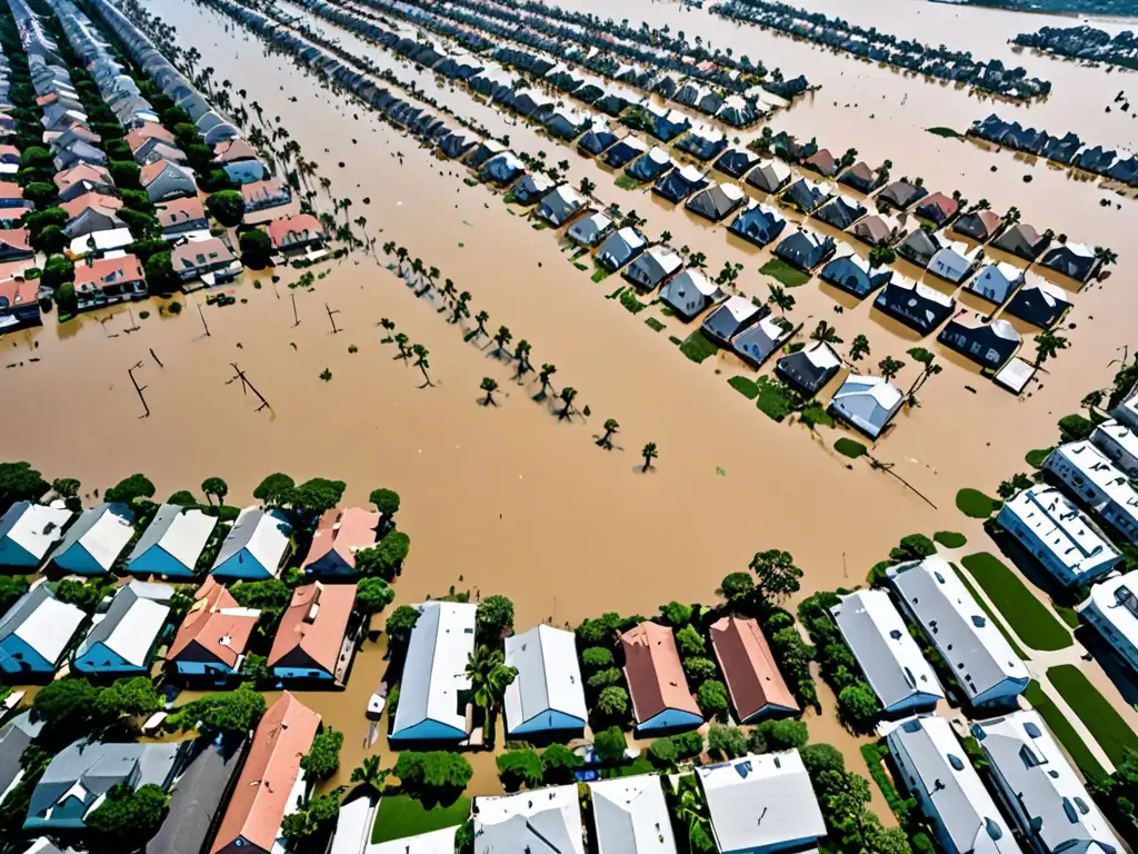 Vista aérea de ciudad costera afectada por el aumento del nivel del mar, con calles inundadas y edificios parcialmente sumergidos