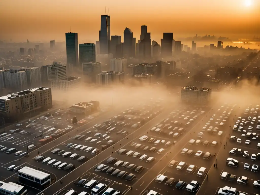 Vista aérea de una ciudad cubierta por smog, con edificios parcialmente ocultos y vehículos emitiendo humo