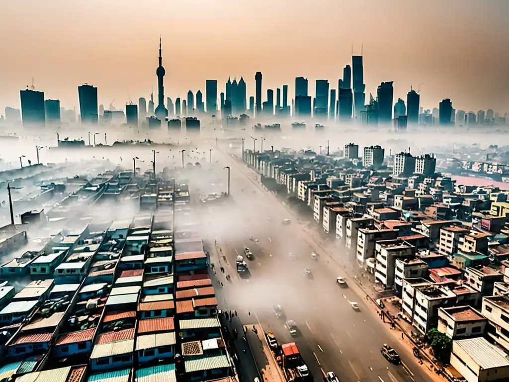 Desafíos ambientales en ciudades en desarrollo Vista aérea de una ciudad en desarrollo con smog, representando la urgencia de la regulación de emisiones en países en desarrollo