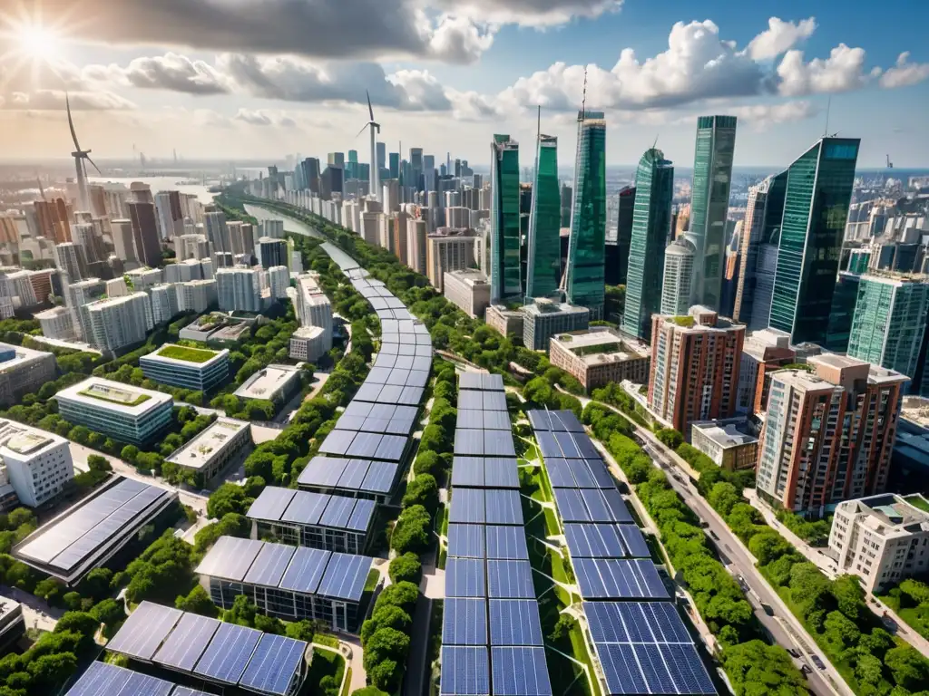 Ciudad sostenible: un paisaje urbano dinámico y ambientalmente consciente Vista aérea de una ciudad dinámica con rascacielos modernos y edificios históricos, rodeada de naturaleza exuberante y energía renovable