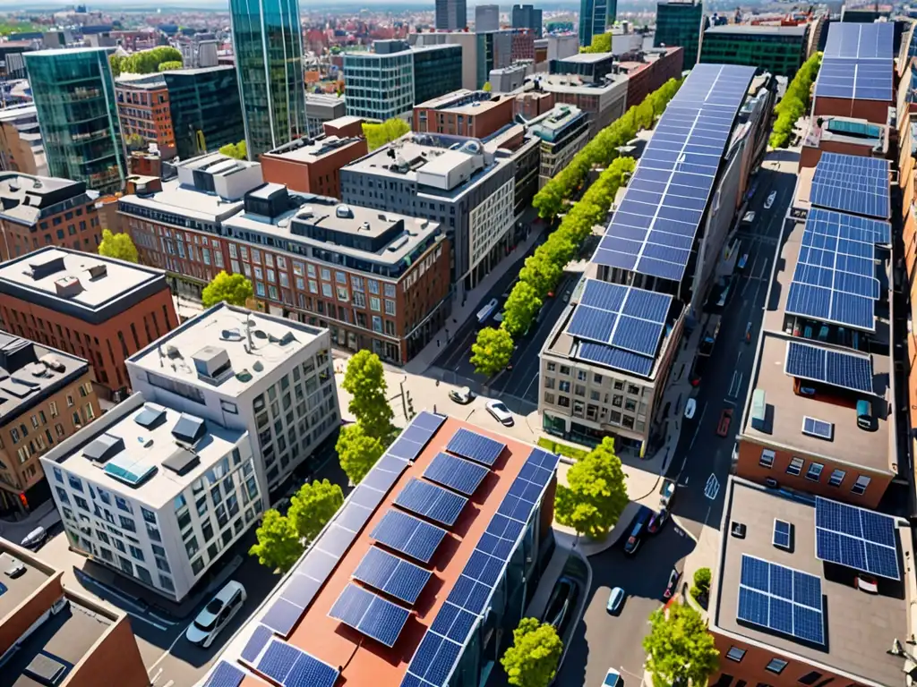 Vista aérea de ciudad con transición energética, solar, eólica y vehículos eléctricos