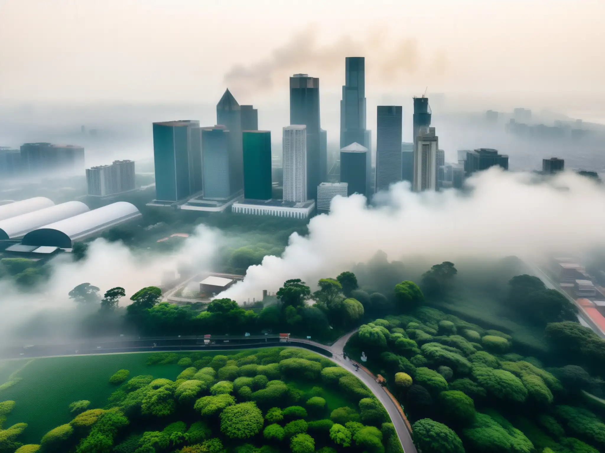 Vista aérea de una ciudad envuelta en smog, con un contraste de vegetación