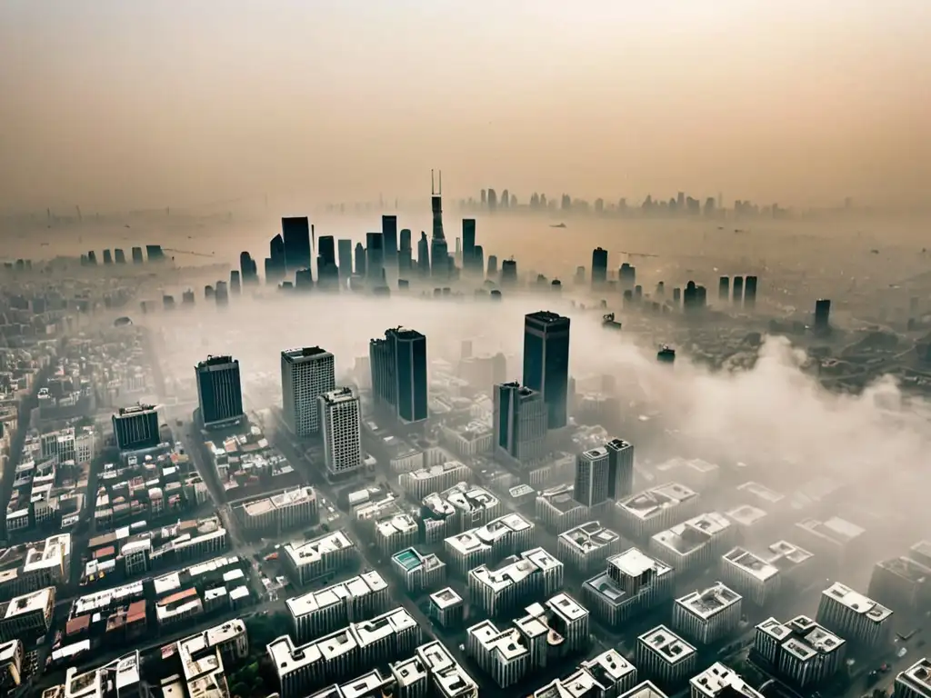 Vista aérea de una ciudad envuelta en smog, con contrastes entre edificios y contaminación