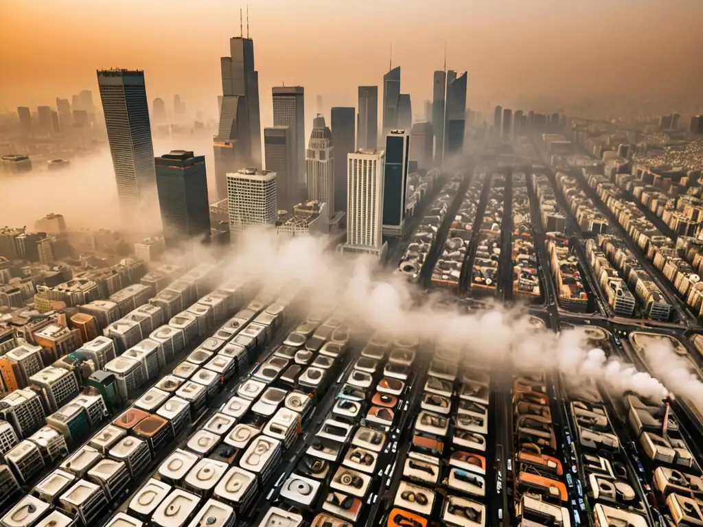 Vista aérea de una ciudad envuelta en smog, con edificios altos y autos diminutos