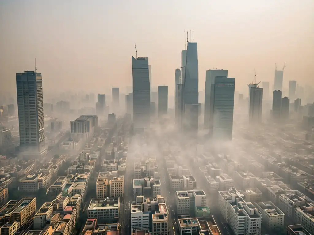 Vista aérea de ciudad envuelta en smog, destaca el impacto de la mala calidad del aire en la salud pública