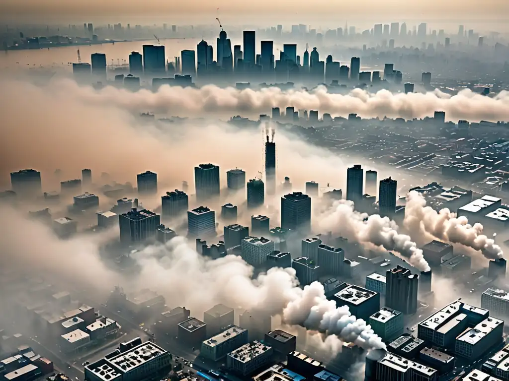 Vista aérea de la ciudad envuelta en smog, con contaminación del aire visible