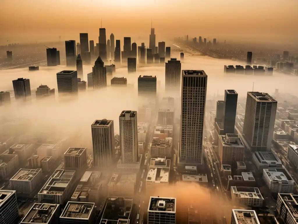 Vista aérea de una ciudad envuelta en smog, con edificios apenas visibles