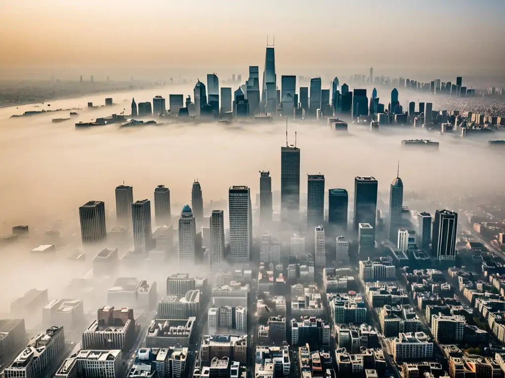 Vista aérea de la ciudad envuelta en smog, evocando la urgencia de la regulación calidad del aire vigilancia