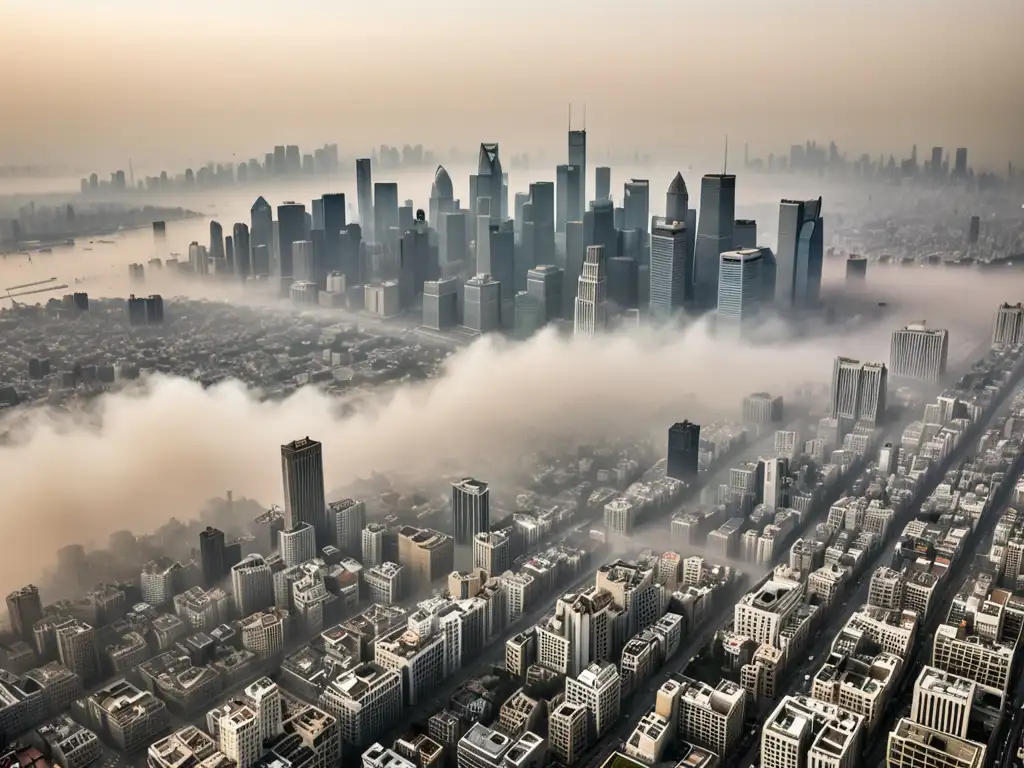 Vista aérea de una ciudad envuelta en smog, con edificios parcialmente ocultos