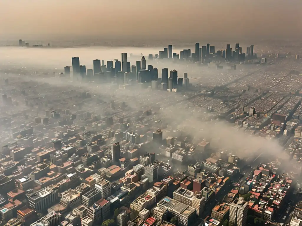 Vista aérea de la Ciudad de México envuelta en smog, destacando la necesidad de legislación para la calidad del aire en grandes ciudades