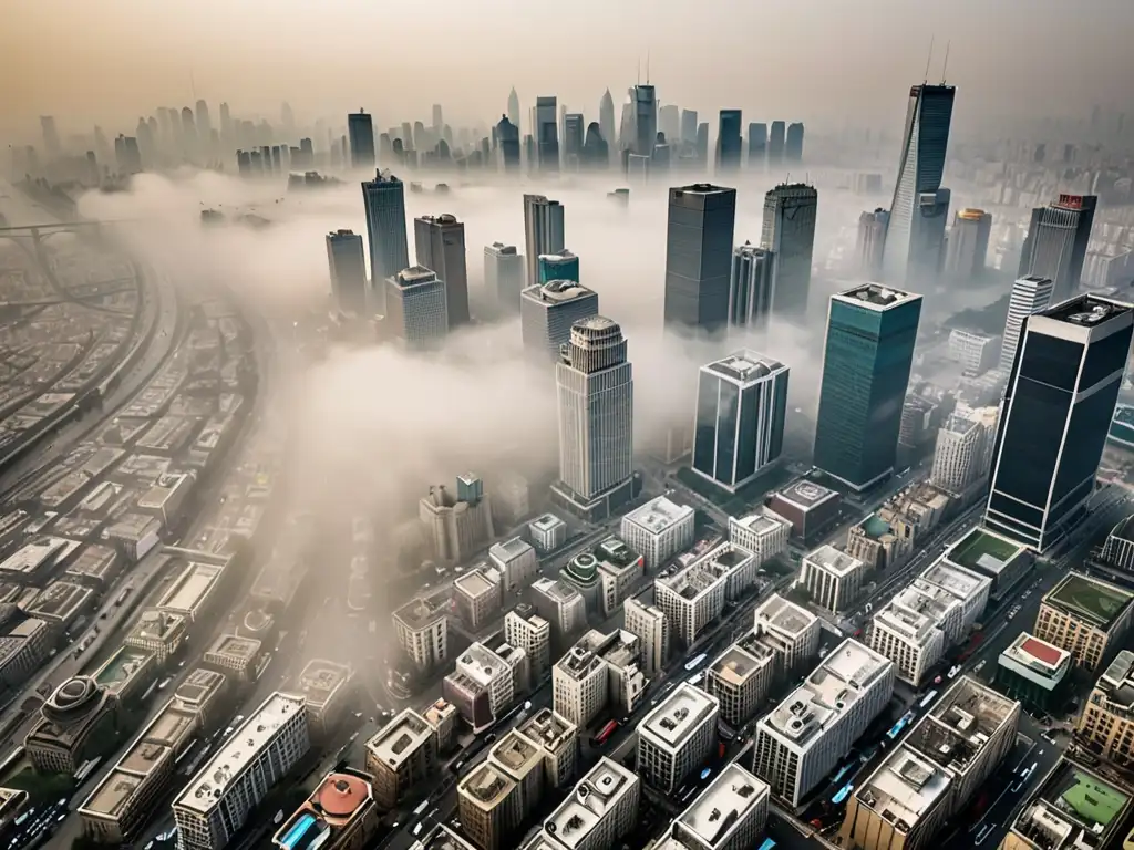 Vista aérea de una ciudad envuelta en smog, con rascacielos apenas visibles y tráfico congestionado