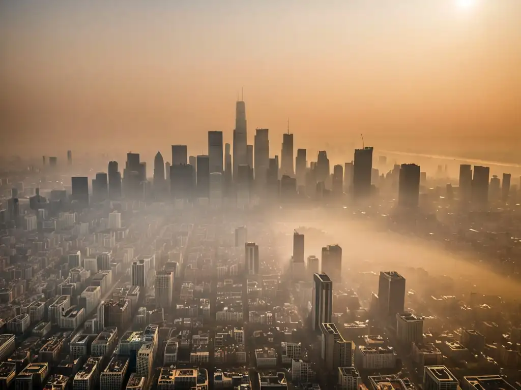 Vista aérea de la ciudad envuelta en smog, con rascacielos emergiendo entre la espesa capa de contaminación