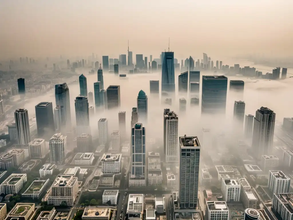 Vista aérea de la ciudad envuelta en smog, con edificios parcialmente ocultos y el paisaje envuelto en neblina