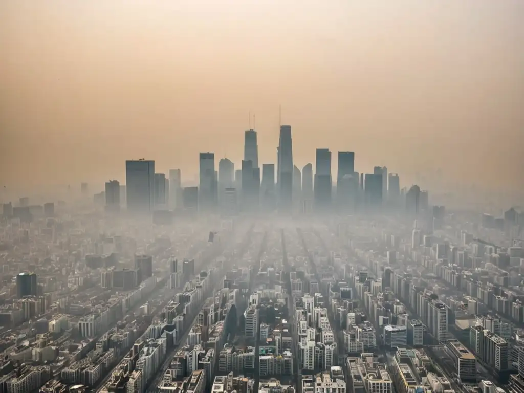 Vista aérea de una ciudad envuelta en smog, con edificios parcialmente ocultos