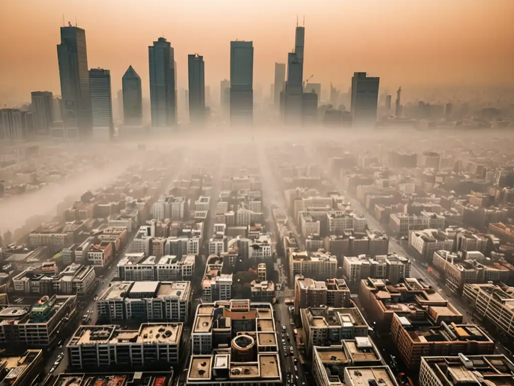 Vista aérea de la ciudad envuelta en smog, edificios apenas visibles