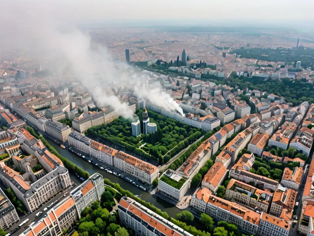 Contraste impactante: ciudad europea envuelta en smog vs Vista aérea de una ciudad europea con contraste entre la contaminación urbana y la naturaleza exuberante