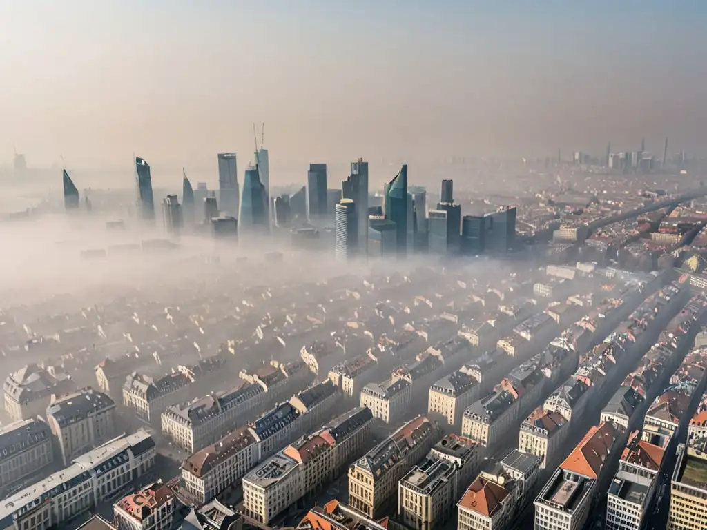 Smog envuelve una ciudad europea, instando a la acción ambiental Vista aérea de ciudad europea envuelta en smog, destaca la necesidad de legislación ambiental europea calidad aire