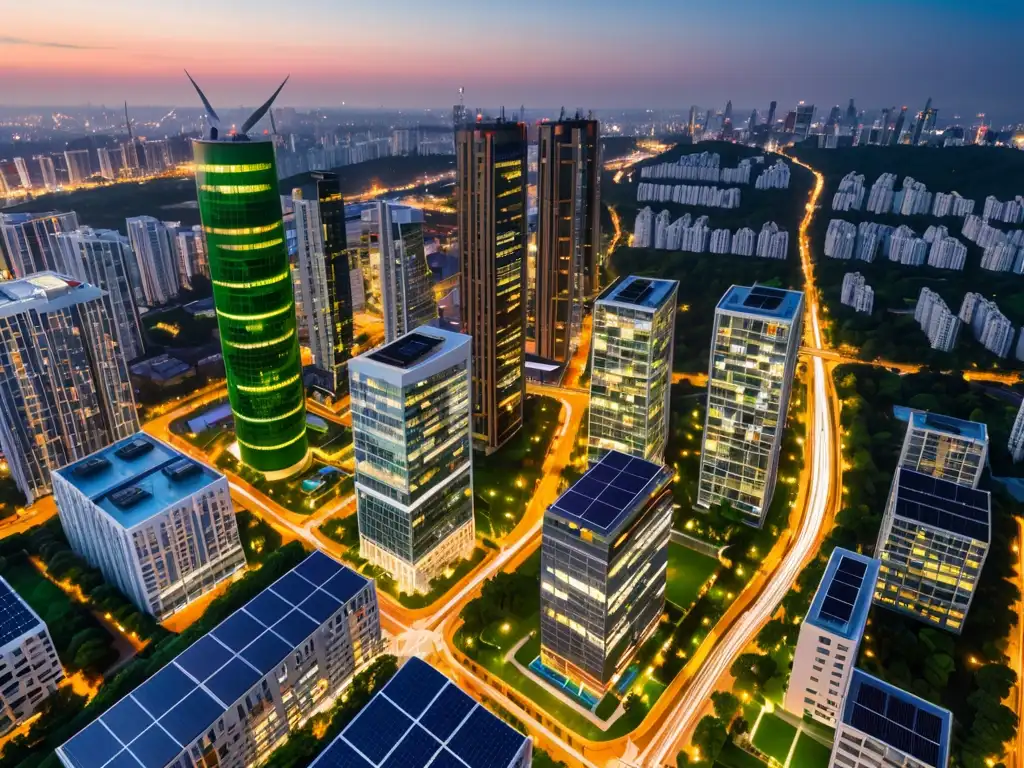 Vista aérea de una ciudad moderna al anochecer con edificios iluminados, rodeada de vegetación