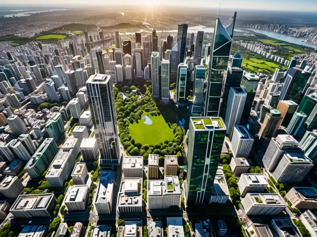 Vista aérea de ciudad moderna y paisaje verde, destacando la comparativa Protocolo Kioto Acuerdo París