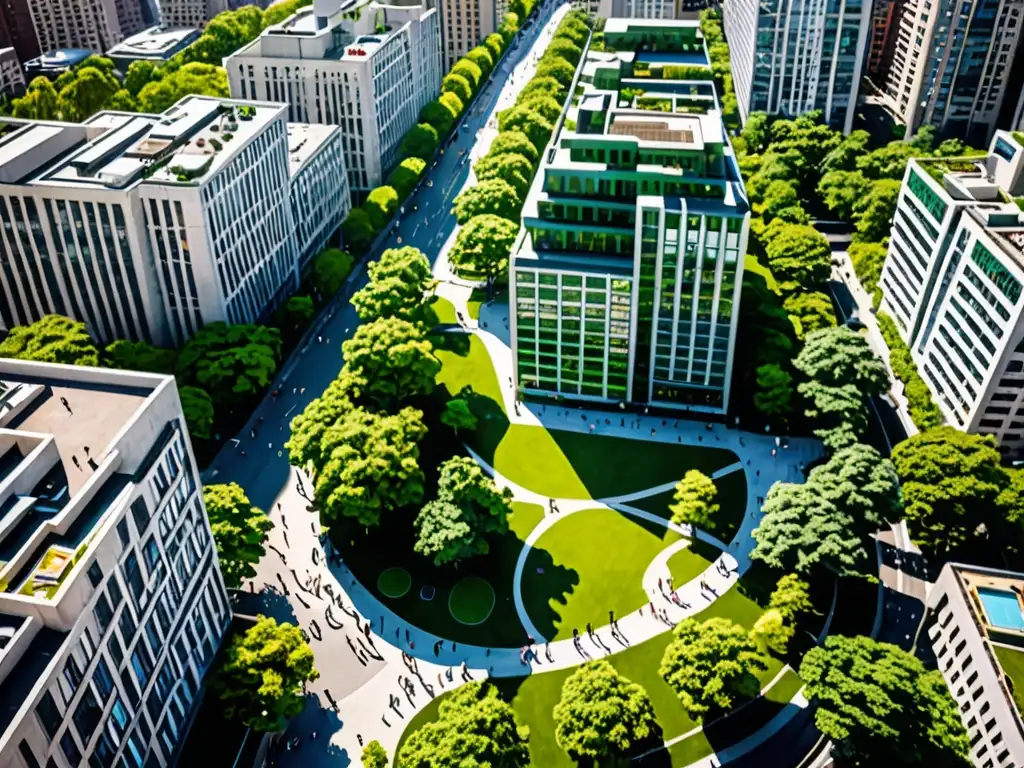 Vista aérea de la ciudad con parques vibrantes y actividades recreativas