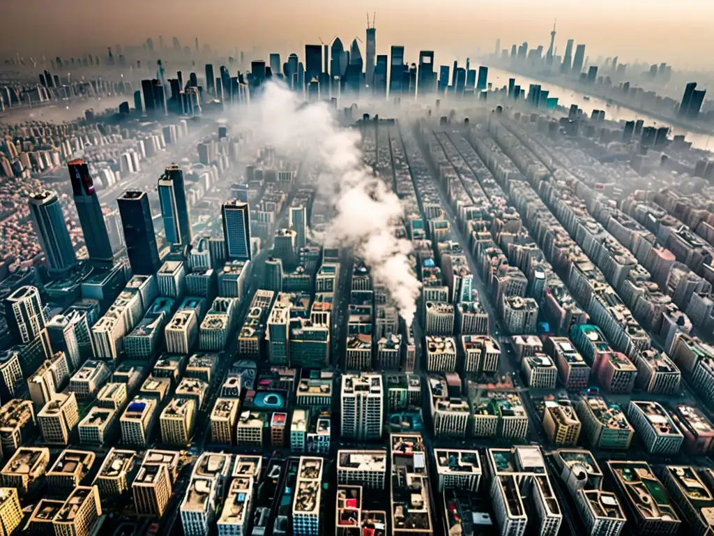 Vista aérea de una ciudad densamente poblada con contaminación del aire visible, smog y neblina sobre los edificios