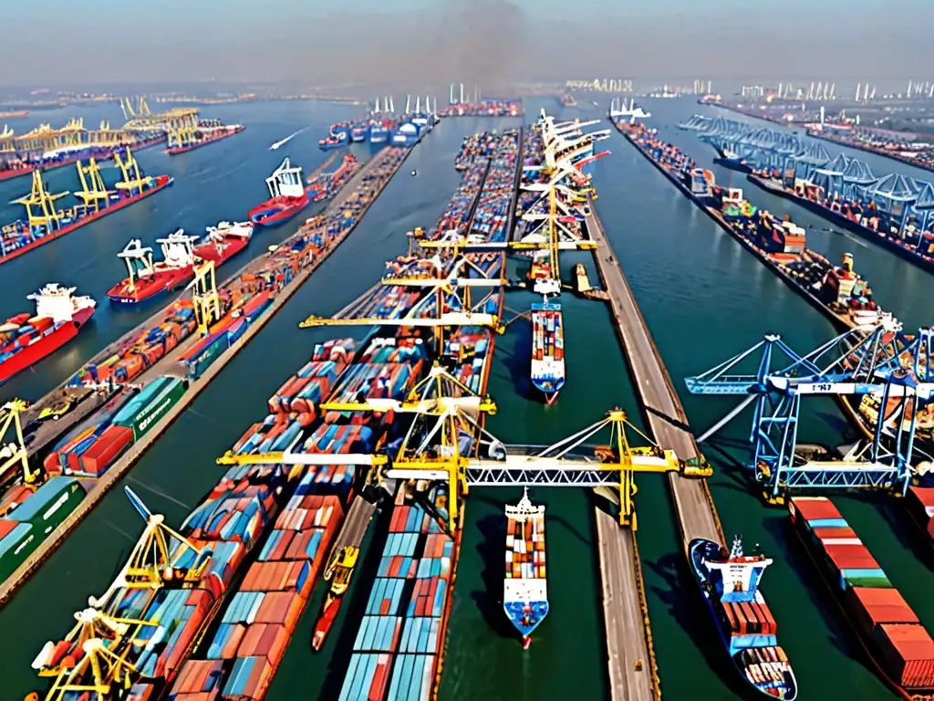 Vista aérea de una ciudad portuaria bulliciosa, con barcos de carga en los muelles, rodeada de edificios industriales y autopistas