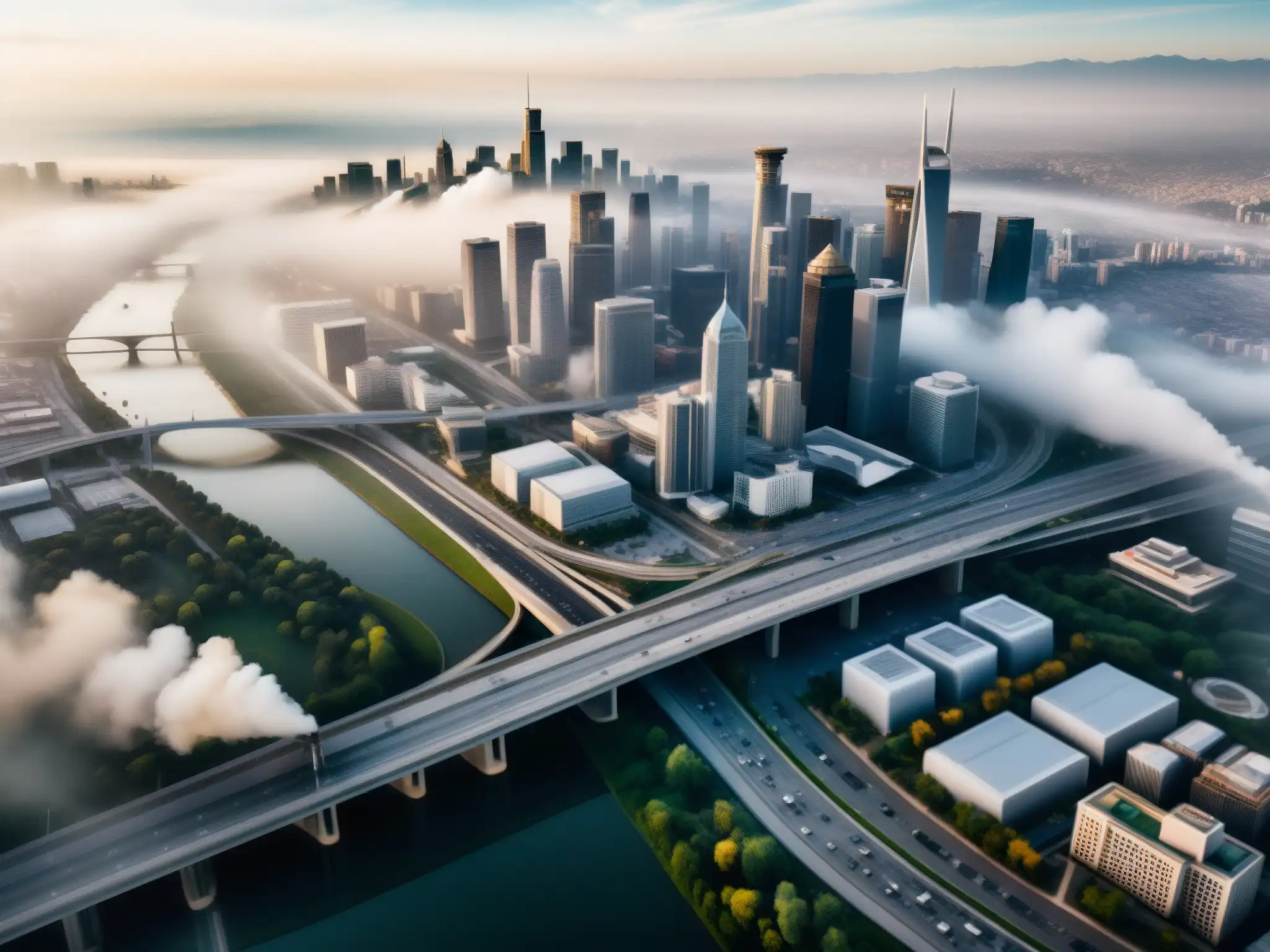 Vista aérea de una ciudad con smog, contrastando con paisaje natural, representando impacto de regulaciones legales sobre emisiones globales