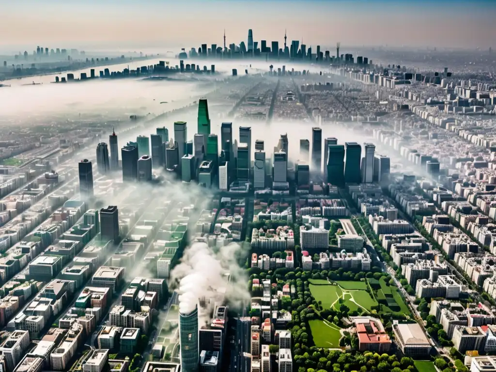 Vista aérea de una ciudad con smog, resaltando la necesidad de legislación urbana para la calidad del aire