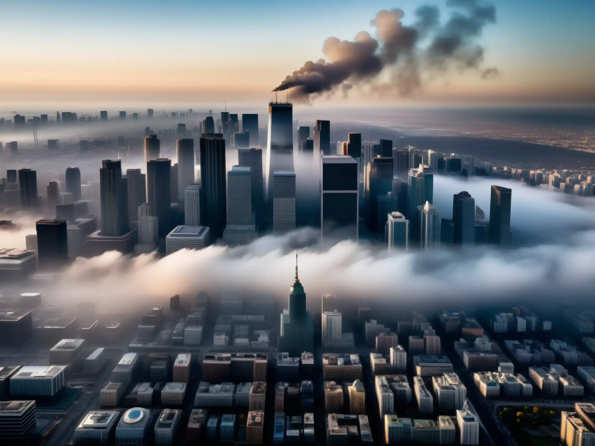 Vista aérea de la ciudad con smog denso sobre los rascacielos, resaltando el impacto de la legislación calidad del aire en la salud pública