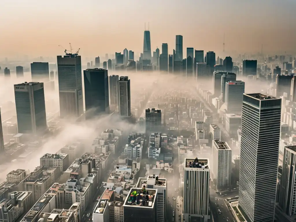 Vista aérea de una ciudad con smog, personas usando máscaras