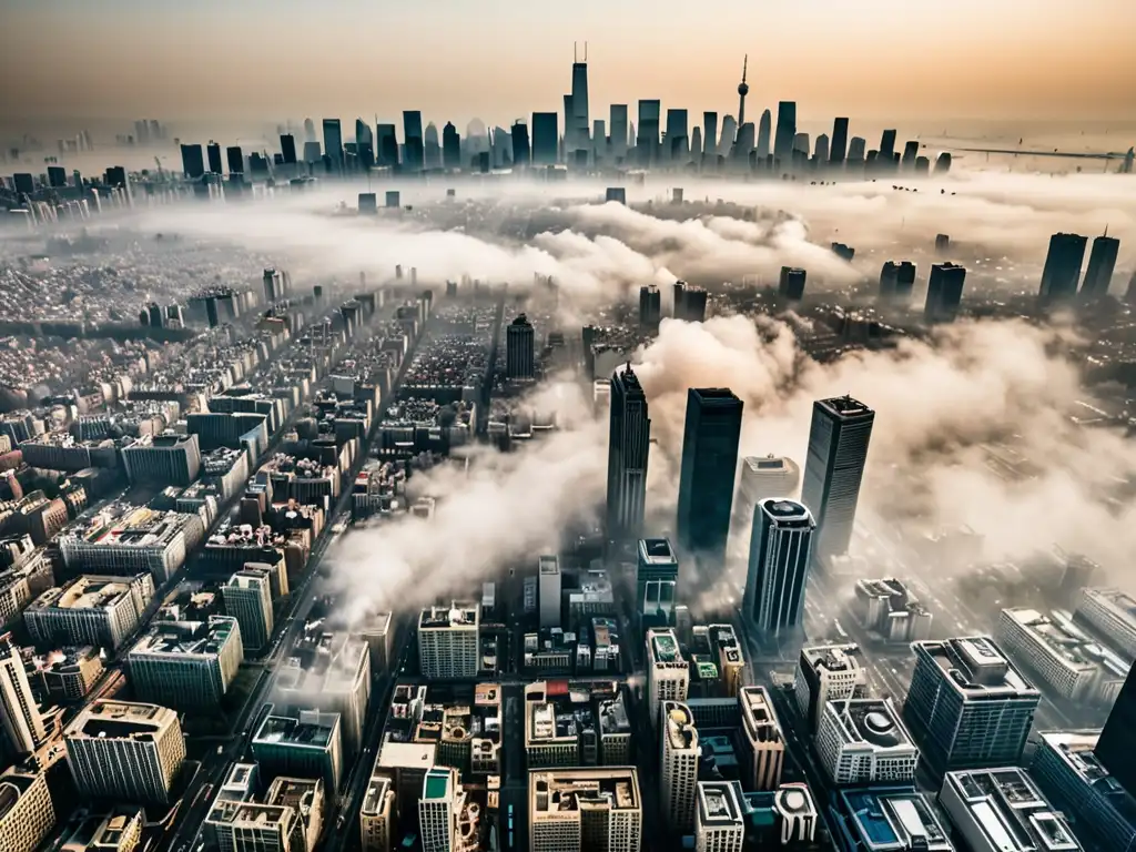 Impactante foto aérea de una ciudad con smog Vista aérea de una ciudad con smog, mostrando el impacto de la contaminación del aire