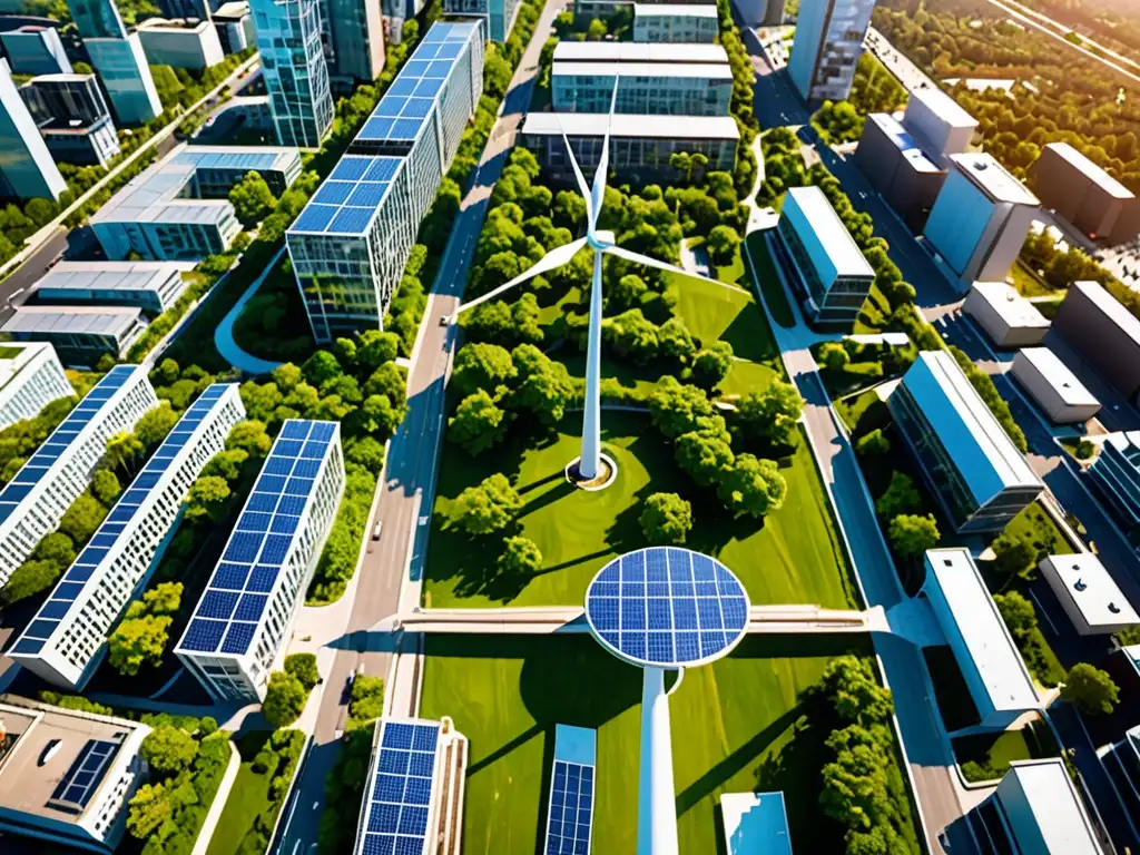 Vista aérea de ciudad sostenible con techos verdes, paneles solares y transporte eficiente