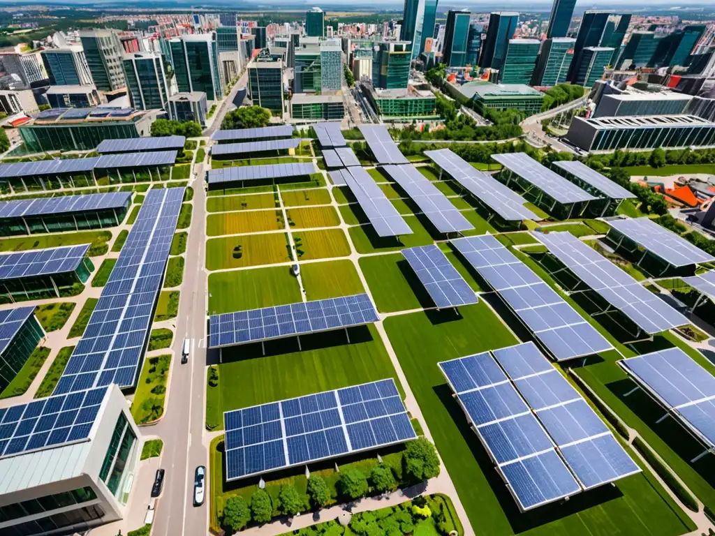 Vista aérea de ciudad sostenible con edificio gubernamental, energía renovable y vehículos eléctricos